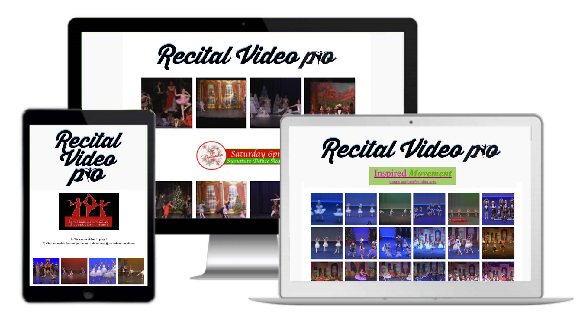 A Recital Video Pro recital page shown on a desktop, laptop, tablet and phone